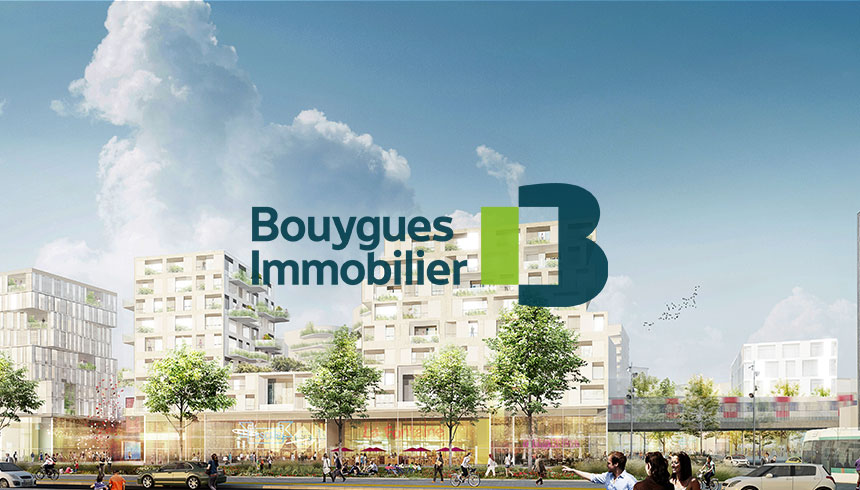 Vue d'une nouvelle construction urbaine avec des bâtiments modernes et des arbres, incluant le logo de Bouygues Immobilier.